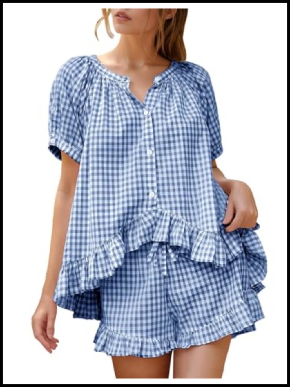 Cotton Gingham Pajama Set Button Down Babydoll Top Ruffle Shorts Lounge
